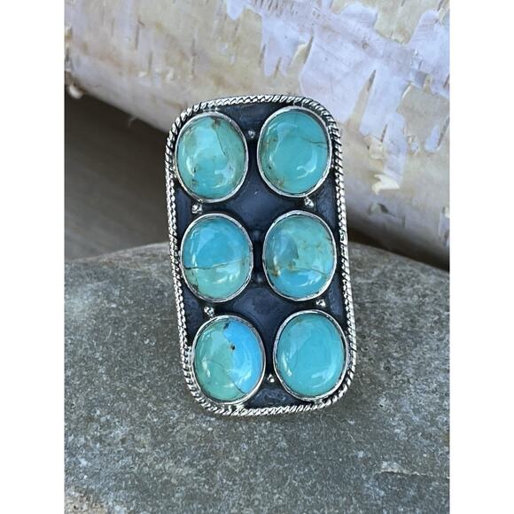 Sterling Silver NATIVE Style Turquoise Cluster Ring Adj 5.5-8 Large SW Statement - Picture 2 of 9